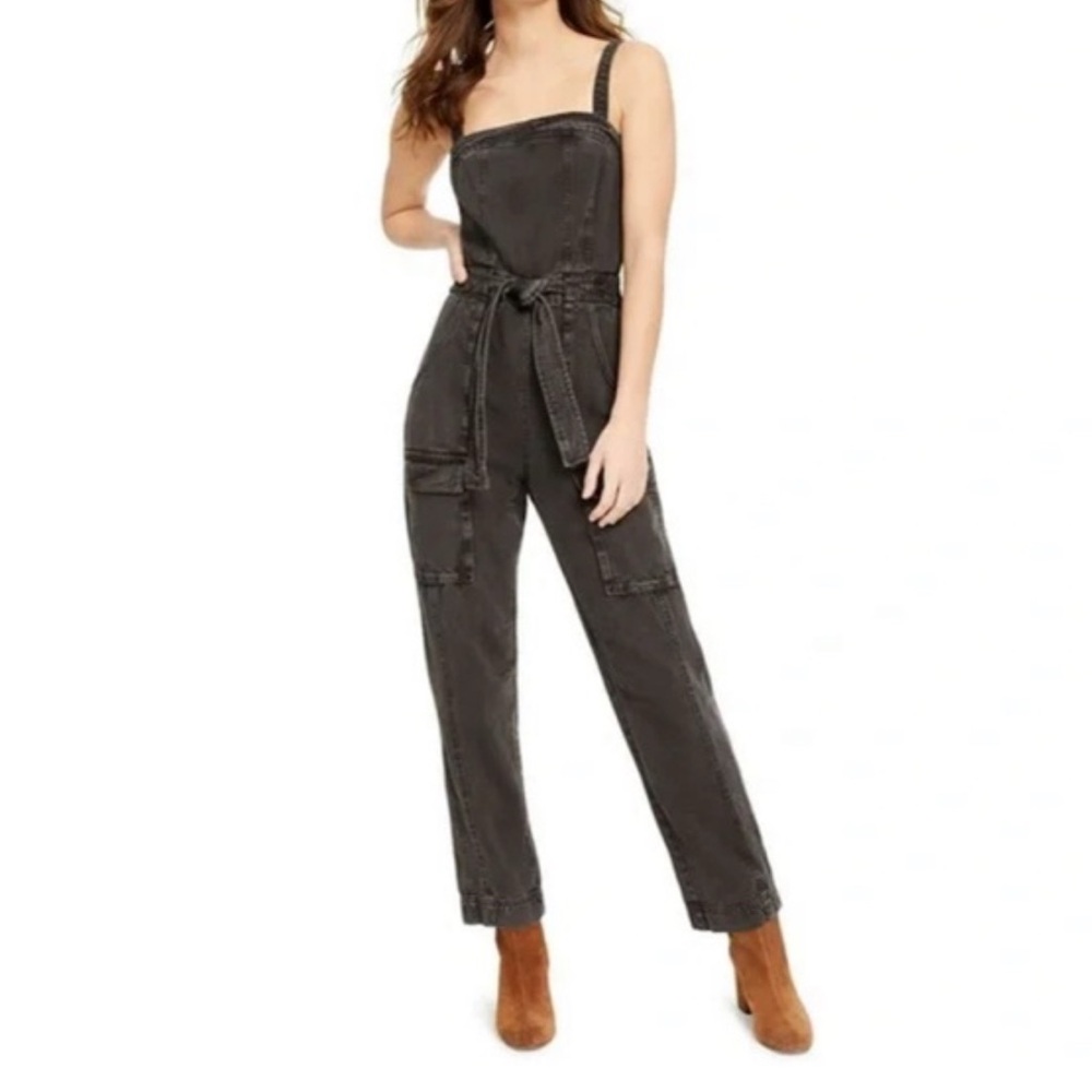 Free People Charcoal Distressed Denim Jumpsuit